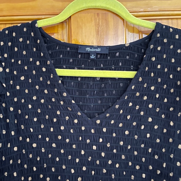 Madewell Smocked V-Neck Tunic Dress - Medium, Black with Tan Polka Dots - Picture 3 of 9